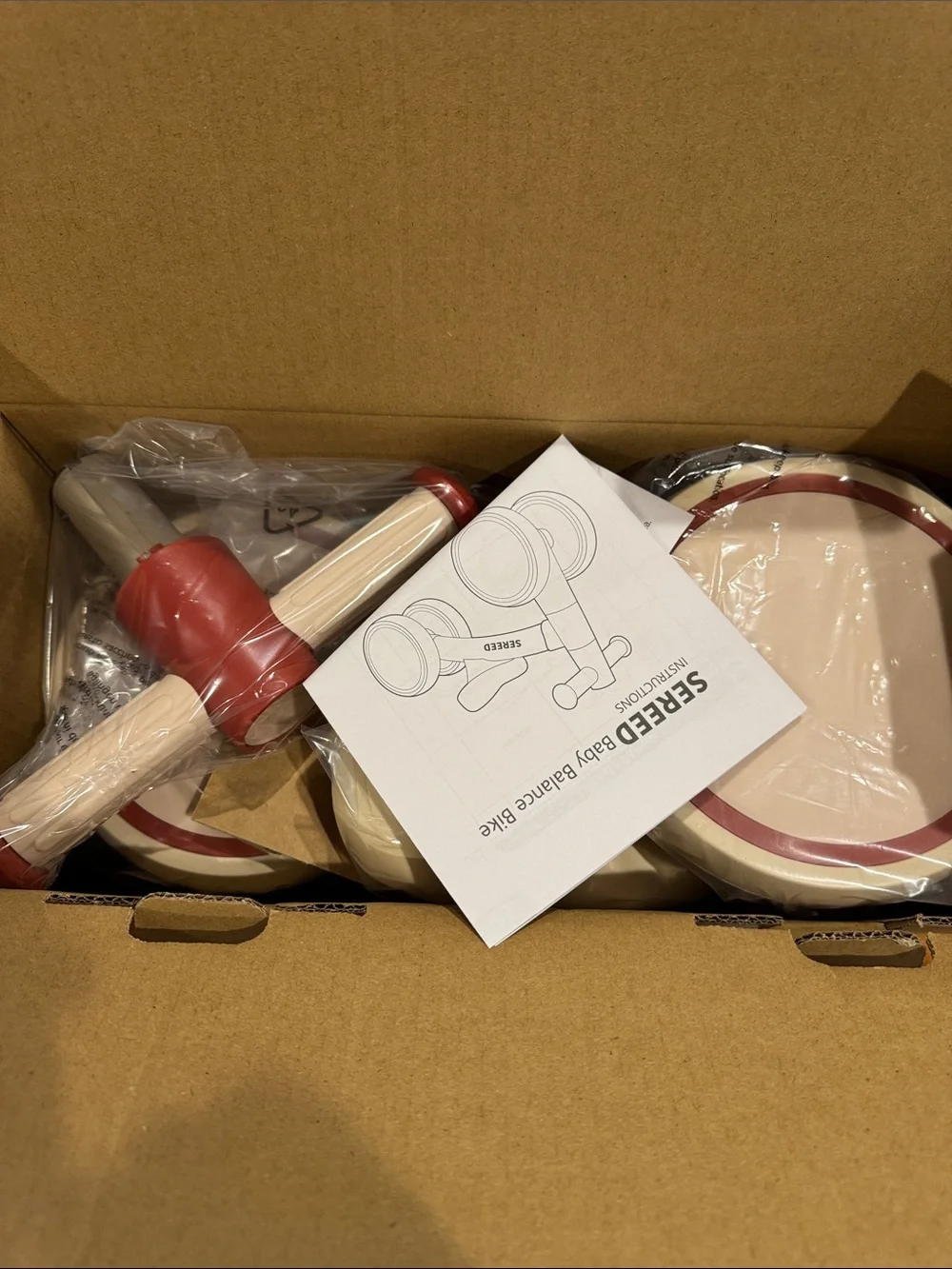 New in the Box Sereed Baby Balance Bike - Natural Kraft Brown and Red
